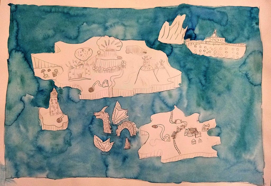 île imaginaire - illustration d'enfant - Centre Léo Lagrange Villeurbanne - Ateliers Terreaux Lyon - Estelle Meyrand