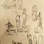 Dieux Egyptiens dessinés par des enfants d'après des figurines.