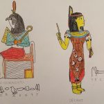 Dieux Egyptiens dessinés par des enfants d'après des figurines.